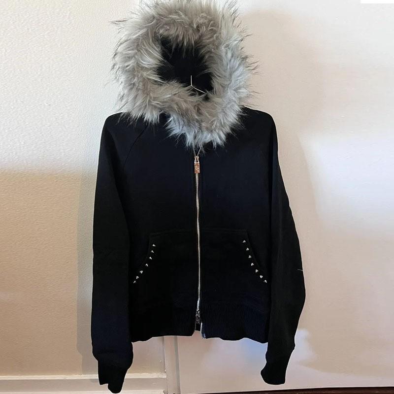 2KWEIRD Харадзюку Y2k Миллениал Хотти Американский Ретро Худи на Молнии с Меховым Воротником Женская Осенне-зимняя Хип-хоп Куртка на Молнии