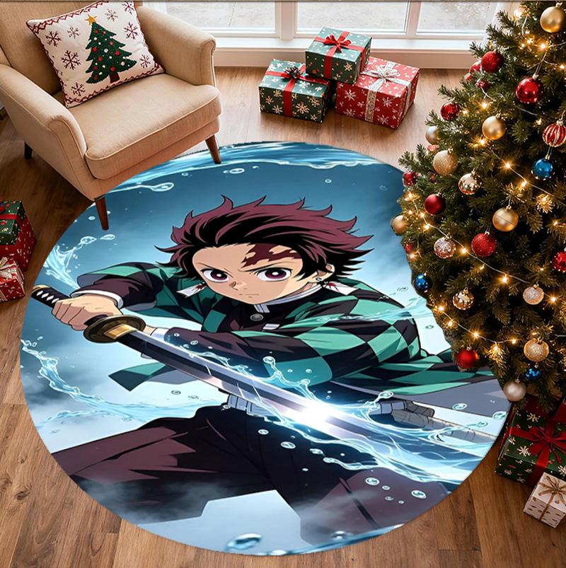 Demon Slayer Pattern Round Rug, Indoor/Outdoor Mat, for Picnic, Gameroom, Bedroom, Office, Living Room, Home Decor Carpet, Birthday Gift