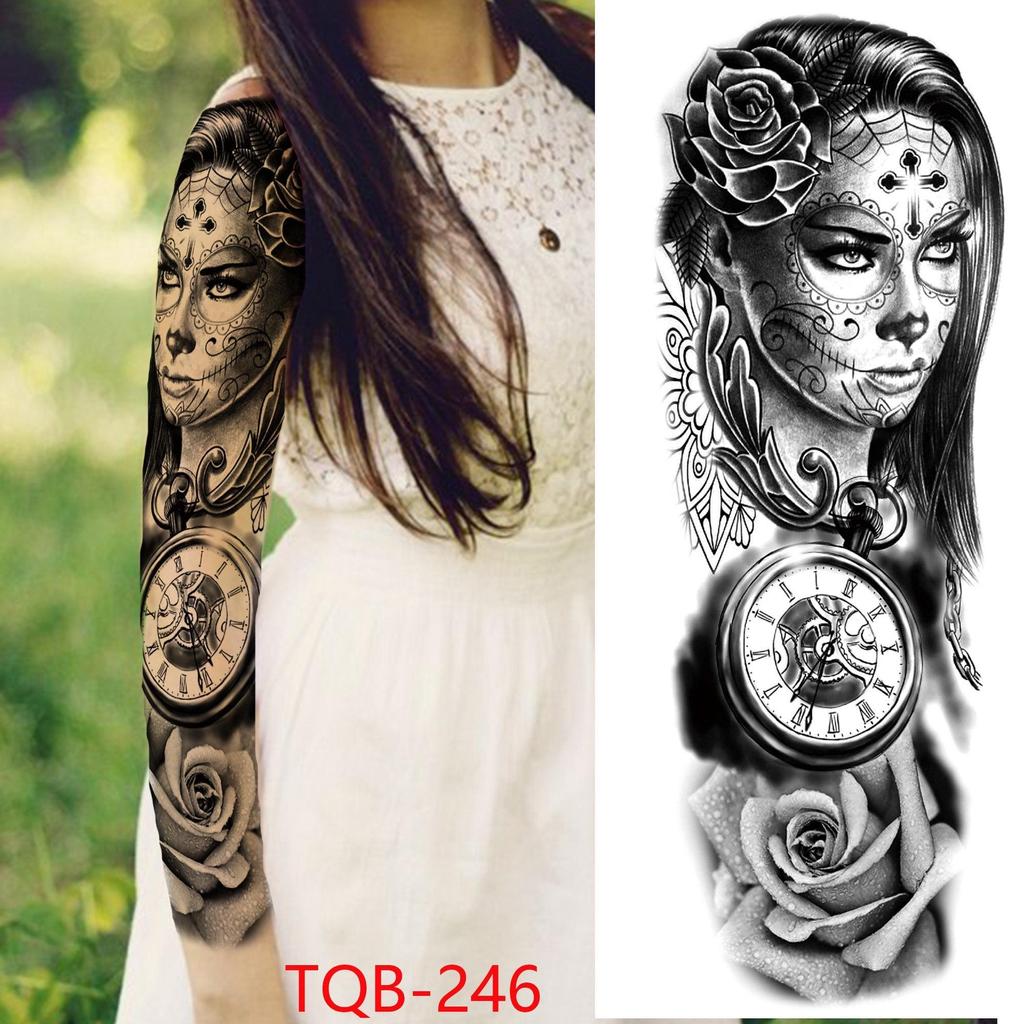 New 1 PC 480*170MM Super Large Compass Wolf Head Eye Fake Lion God Feather Temporary Tattoo Sleeves For Men Women Tattoo Full Arm Tattoo Sticker