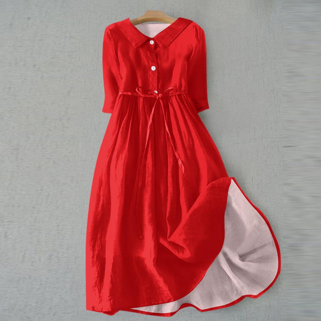 Женская мода повседневное однотонное платье с воротником с лацканами и рукавами 3/4 на бретелях