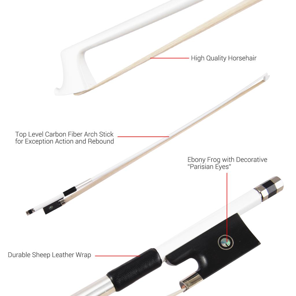 4/4 Violin Fiddle Bow Carbon Fiber Round Stick Ebony Frog White Horsehair Well Balanced Violin Bow