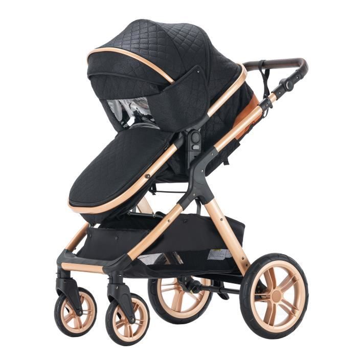 YAZOCO - Poussette combinée 3en1 - Avec nacelle-siège auto - Jusqu'à 15Kg - Or-Noir
