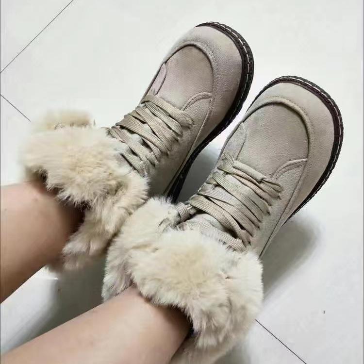 Зимние сапоги, женская зимняя плюшевая теплая хлопковая обувь, универсальная нескользящая шерстяная хлопковая обувь на шнуровке на толстой подошве