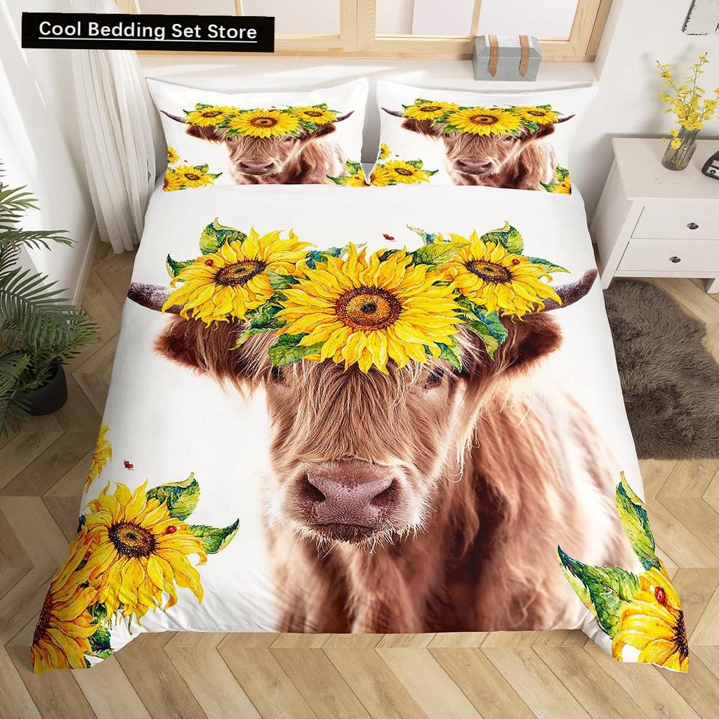 Highland Cow Flower King Queen Duvet Cover Cattle Rose Bedding Set Western Animal Comforter Cover Farmhouse Bull Quilt Cover