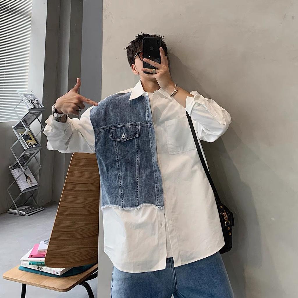 Рубашка с длинным рукавом в весенне-летнем стиле для мужчин, свободная, с контрастной цветной строчкой, джинсовая рубашка