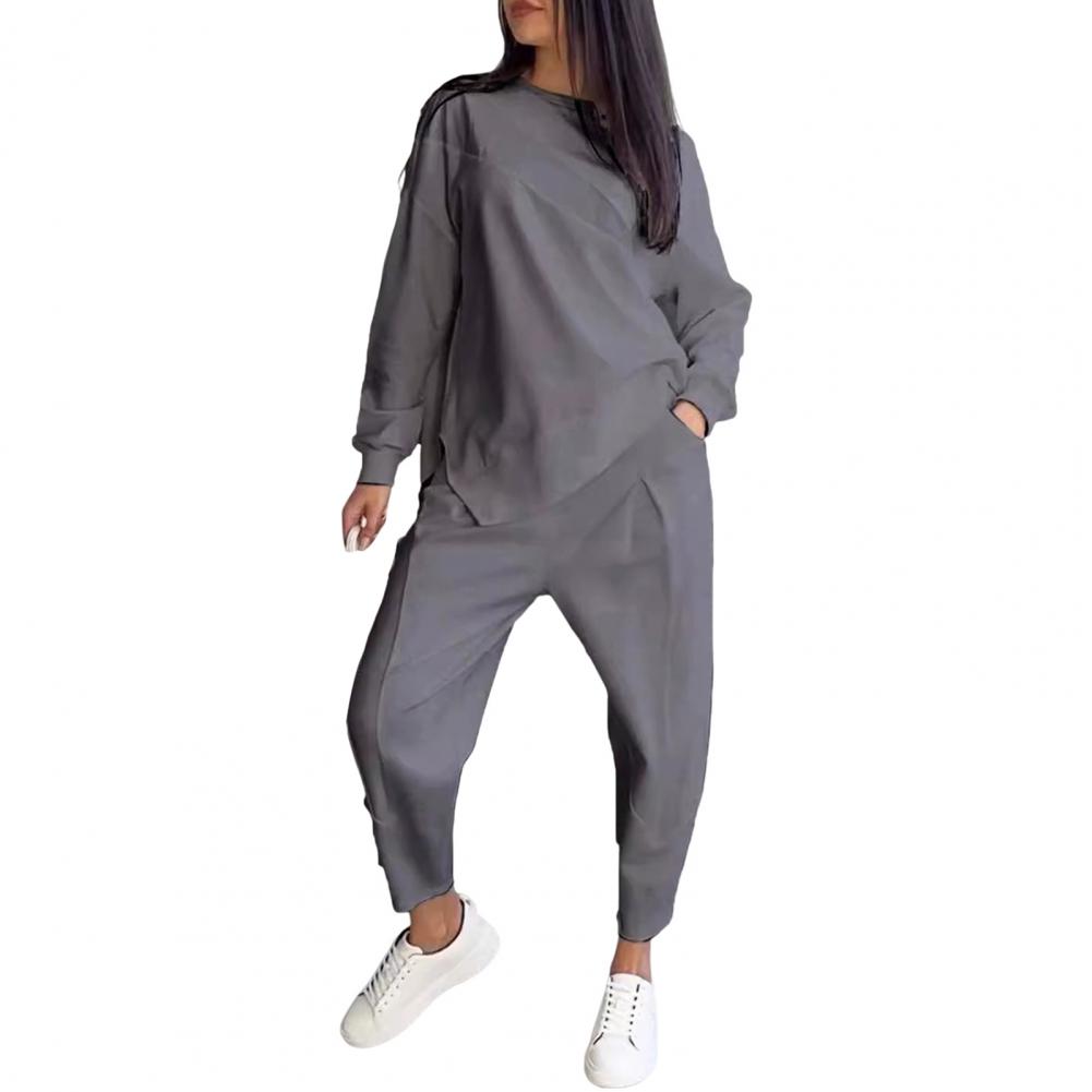 2 Pcs/Set Fall Spring Women Top Pants Set Long Sleeves O Neck Irregular T-shirt Elastic Waist Trousers with Side Pockets OL Comm