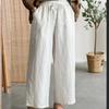 2024 Spring Linen Wide-Leg Pants: Versatile Solid Color with Elastic Waist & Drawstring for Women