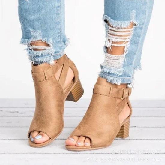 Sandale de damă cu tocuri înalte groase Soild Gladiator Open Peep Toe Pantofi negri pentru femei cu cataramă cu fermoar în spate Sandale de mujer