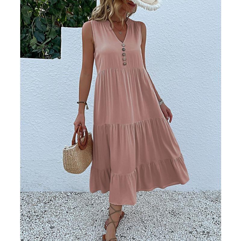 Sleeveless V Neck Casual Summer Women Dress Fashion Loose Elegant Office Ladies Dresses Layered Ruffled Solid A-line Female Dress 922