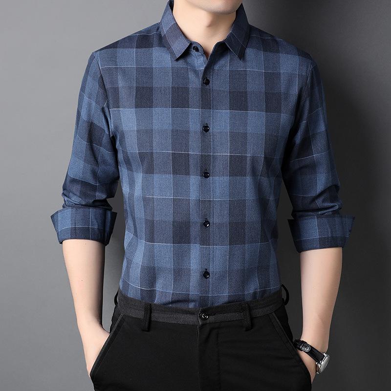 Middle-aged Men's Long-sleeved Shirt Spring and Autumn Trend Color Matching Striped Plaid Casual Shirt Business Shirt Men's Inch Shirt