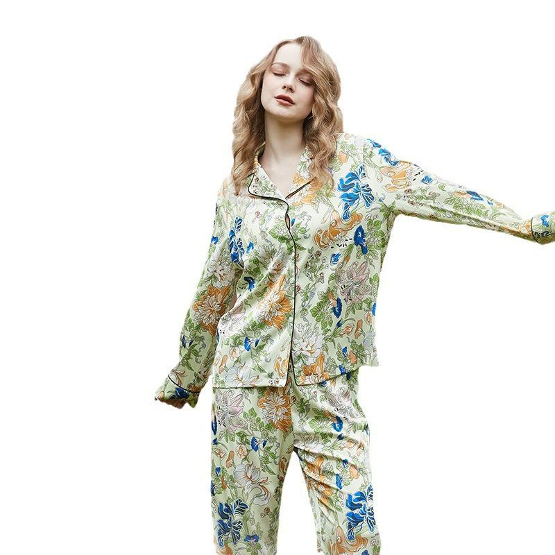 Womens Lightweight Silk-Like Pajama Set Long Sleeve Top Pants French Style Loungewear Sleepwear Fall