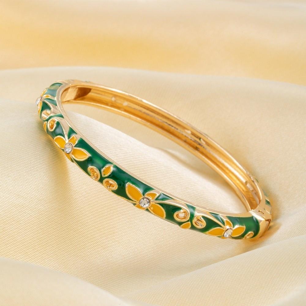 Lightweight Metal Cloisonne Floral Bangle Rhinestone Thin Bracelet  Holiday Presents