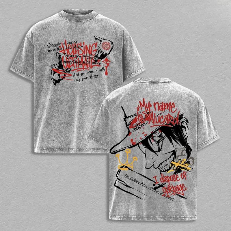 Горячая Аниме Hellsing Алукард Крутая Футболка с Графикой Мужская Одежда с Коротким Рукавом Стирка Хлопковая Футболка Повседневная Футболка Харадзюку Ретро Футболка
