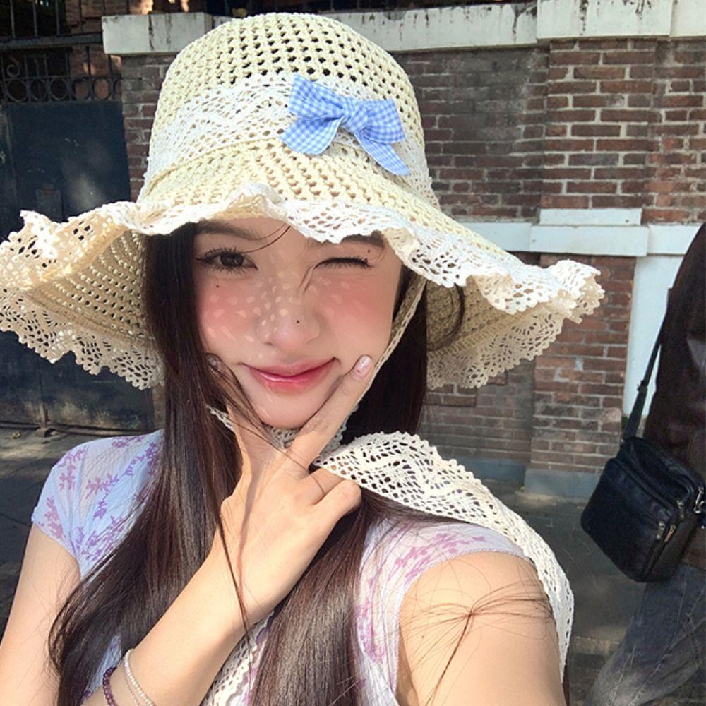 French Style Lace Bucket Hat Sweet Women's Sun Hat Sunscreen Bow Ribbon Straw Hat Girls