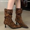 Модные женские леопардовые зимние сапоги средней длины с острым носком из замши на высоком каблуке, женская обувь 2025 года, элегантные зимние туфли-лодочки, ботинки челси Mujer