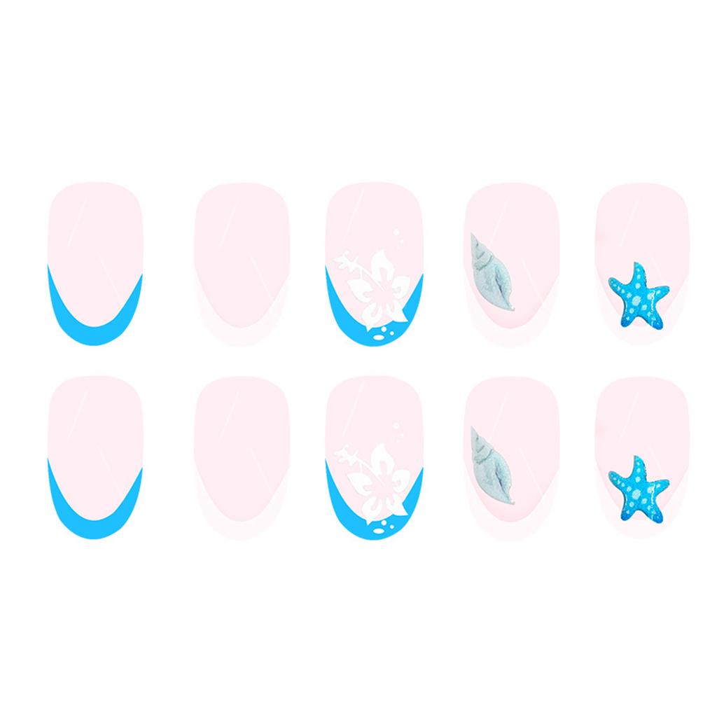 Gentle Pink Short Fake Nails with Blue Tip Prevailing Natural Look Press-On Nail Sets for Stage Performance Wear