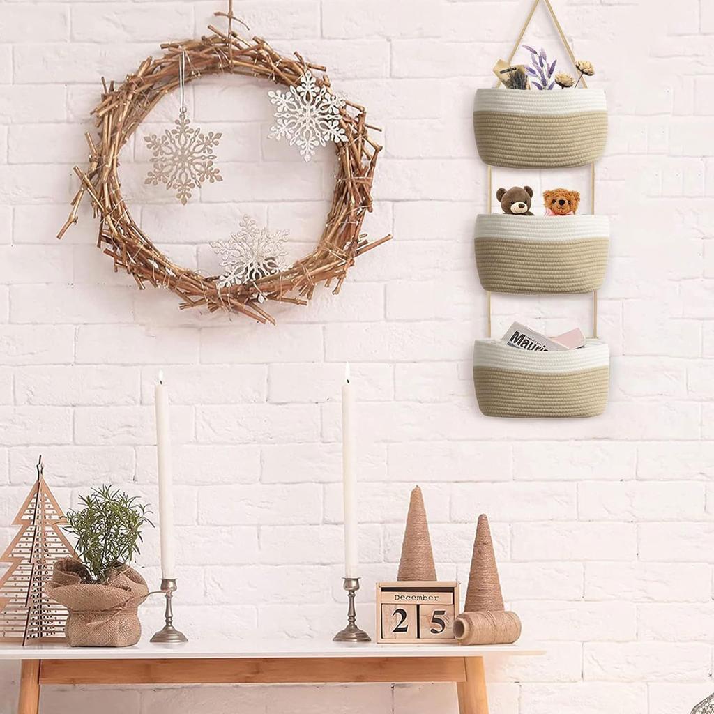 3 Tierd Hanging Basket Wall Mounted Storage Basket with Multiple Compartments Handwoven Fruit and Vegetable Organizer