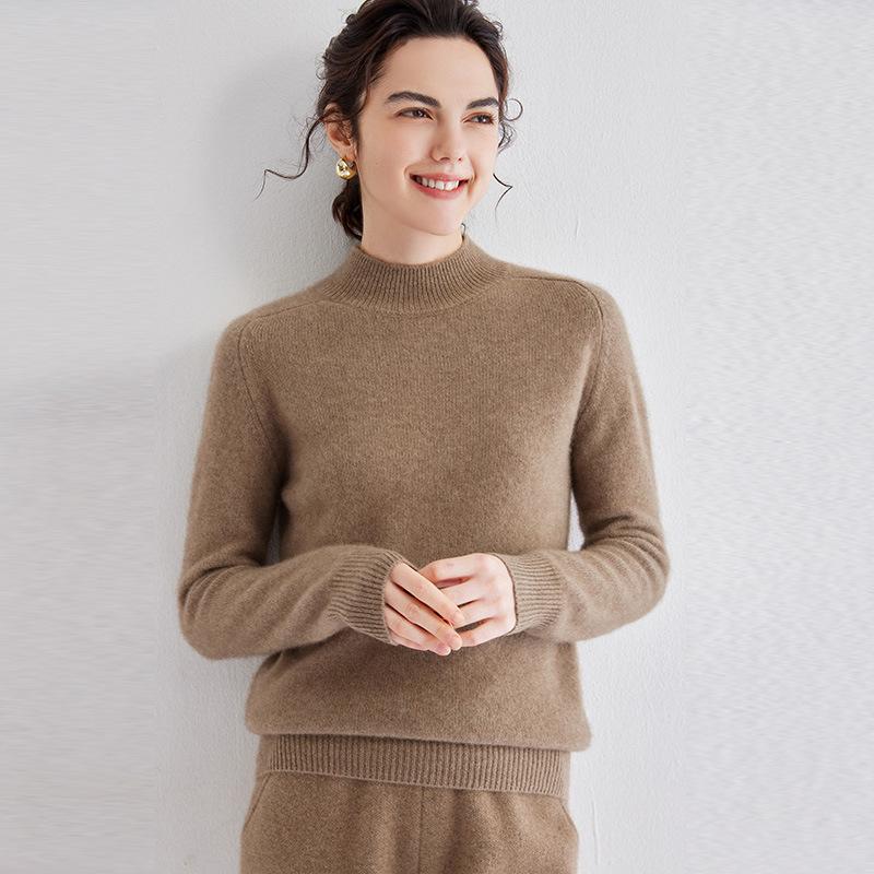 2024 Women’s Solid Color Cashmere Sweater: Half High Neck, Saddle Shoulder, Flat Knit Base Layer
