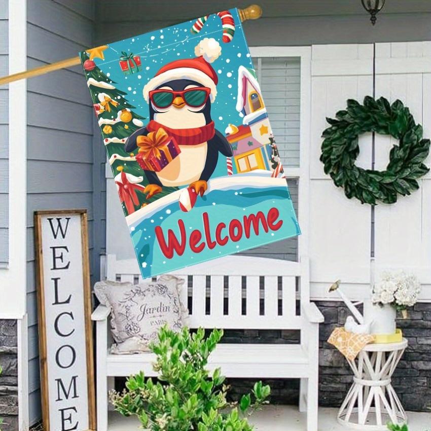 1PC Double-Sided Welcome Christmas Garden Flag - Glasses Penguin Design - Polyester, No Electricity Needed, Festive Outdoor Yard Decor