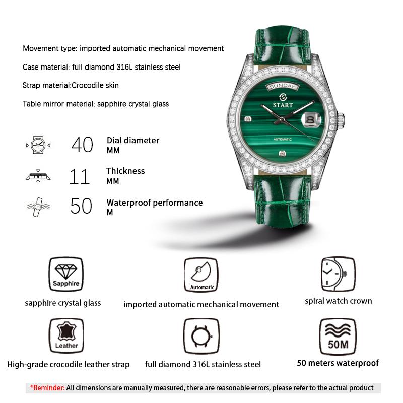 Start Малахитовые мужские часы с бриллиантами, функция даты, автоматические механические часы, пряжка-бабочка, ремешок из кожи аллигатора
