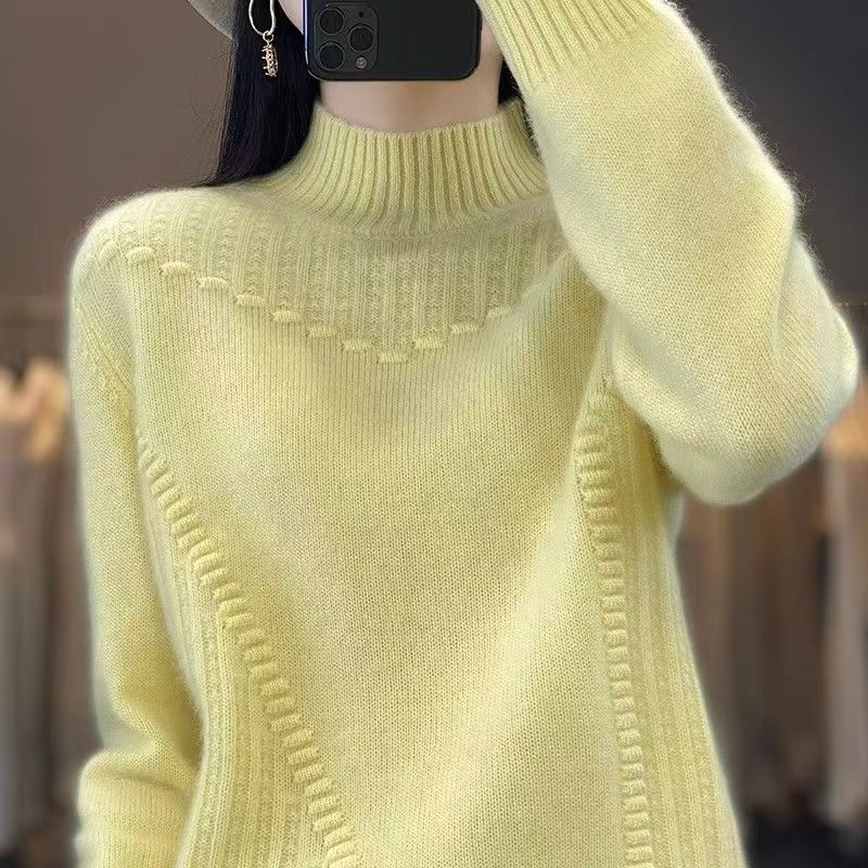 Women's Solid Color Thick Drum Wave Sweater Korean Version Pullover Half High Collar for Inner and Outer Wear Fashionable Base Women's Sweater