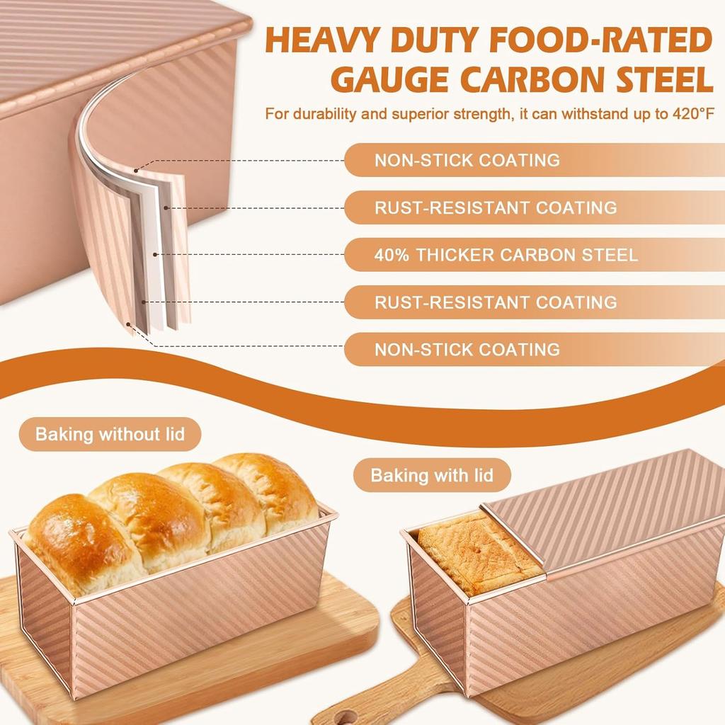 Loaf Pan Set Non Stick Carbon Steel Bread Tin with Lid 2PCS Gold
