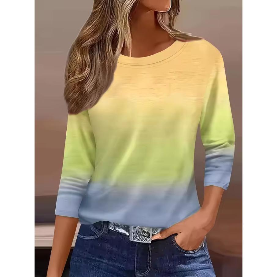 Женская футболка с 3D-принтом с градиентным принтом, модная футболка с длинным рукавом и круглым вырезом, обычный топ, для праздничных выходных, весны и осени