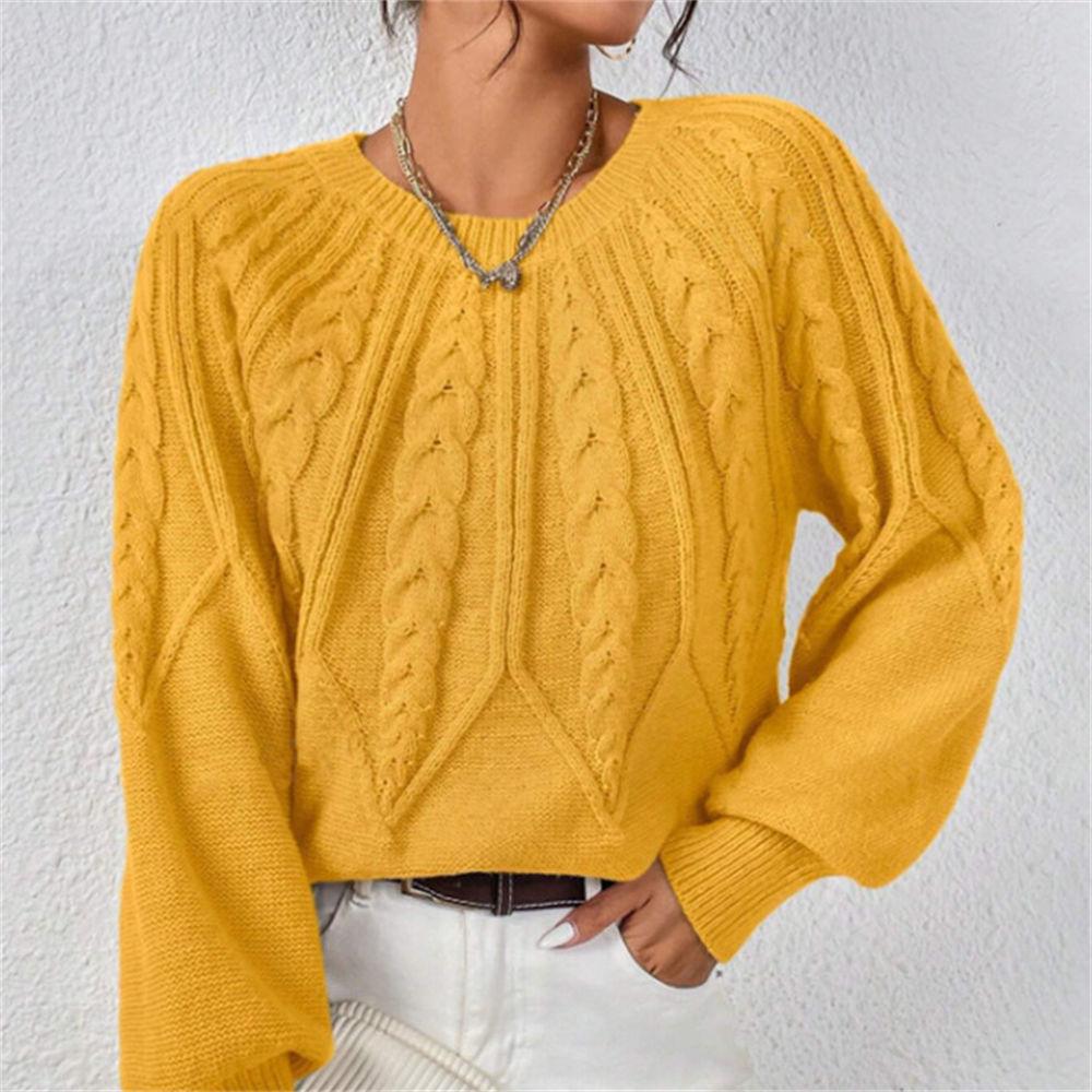Женский Осенне-Зимний Однотонный Свитер Крупной Вязки, Свободный Свитер с Круглым Вырезом и Рукавами-Фонариками, Универсальный Вязаный Топ S-XL