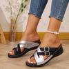 Large Size Wedge Slippers Women's Summer New Belt Buckle Cross Belt Color Matching Sandals