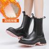 Customized Leather Thick-soled Heightening BV Martin Boots 2025 Autumn and Winter New Round Head Black Boots Trendy and Comfortable Chimney