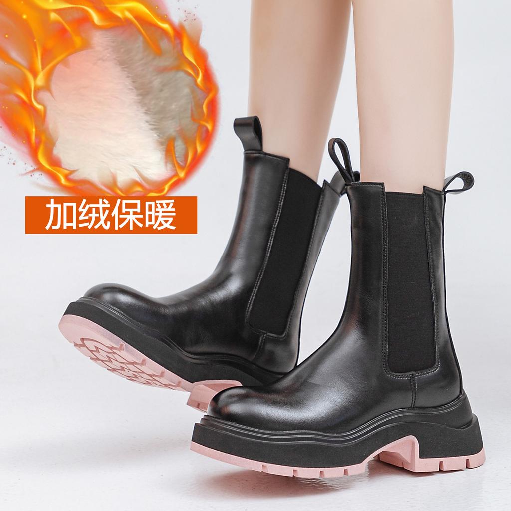 Customized Leather Thick-soled Heightening BV Martin Boots 2025 Autumn and Winter New Round Head Black Boots Trendy and Comfortable Chimney