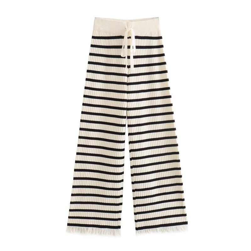 Fashion Wind New Fall Women's Clothing Stripes Contrast Color Straight-leg Fringed Burr Knitting Wool Pants 4 Colors