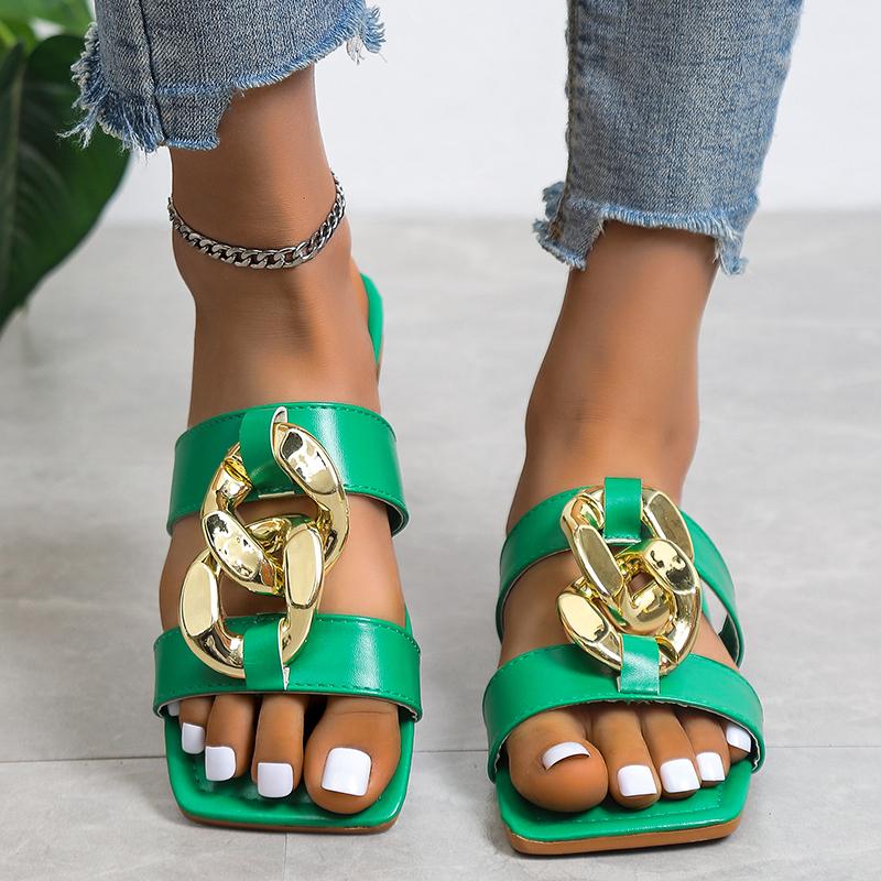 2024 New Summer Women's Slippers Fashion Metal Chain Sandals Open Toe Sandals Women Flat Casual Slippers Women Summer Slipper