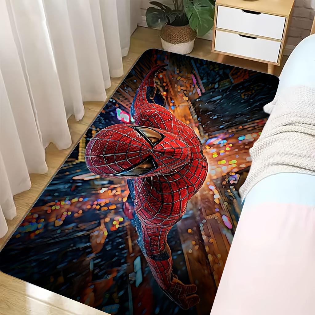Authorized 1pc Cartoon Printed Mat, Spider- City Nightscape Dynamic Pose Red Blue Grid Battle Suit Theme Pattern Easy to Clean