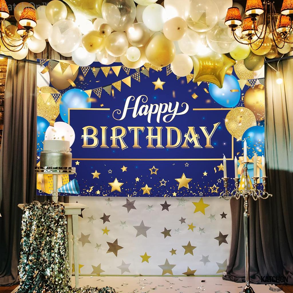 KatchOn, XtraLarge Gold and Blue Happy Birthday Banner - 72x44 Inch | Blue and Gold Birthday Backdrop for Happy Birthday Decorations | Party