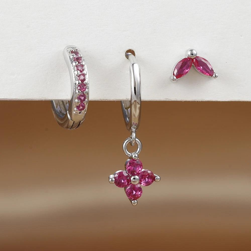 3 шт. Изысканный набор подвесных серег с зеленым цирконом для женщин, серьги-подвески в виде цветка из нержавеющей стали, ювелирные изделия для пирсинга хряща