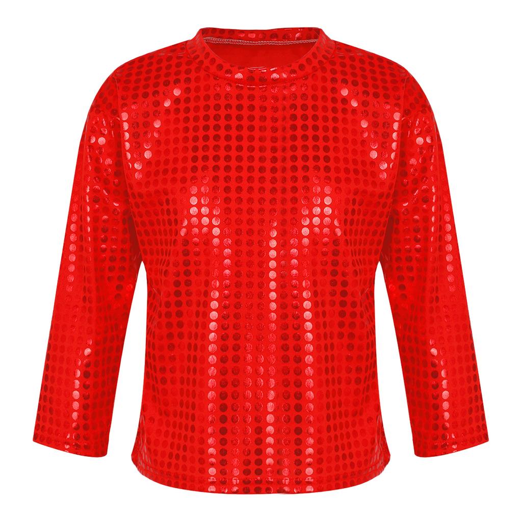 Boys Girls Stage Performance Top Long Sleeve Round Neck Glitter Sequins Solid Color Shirt for Dance Events