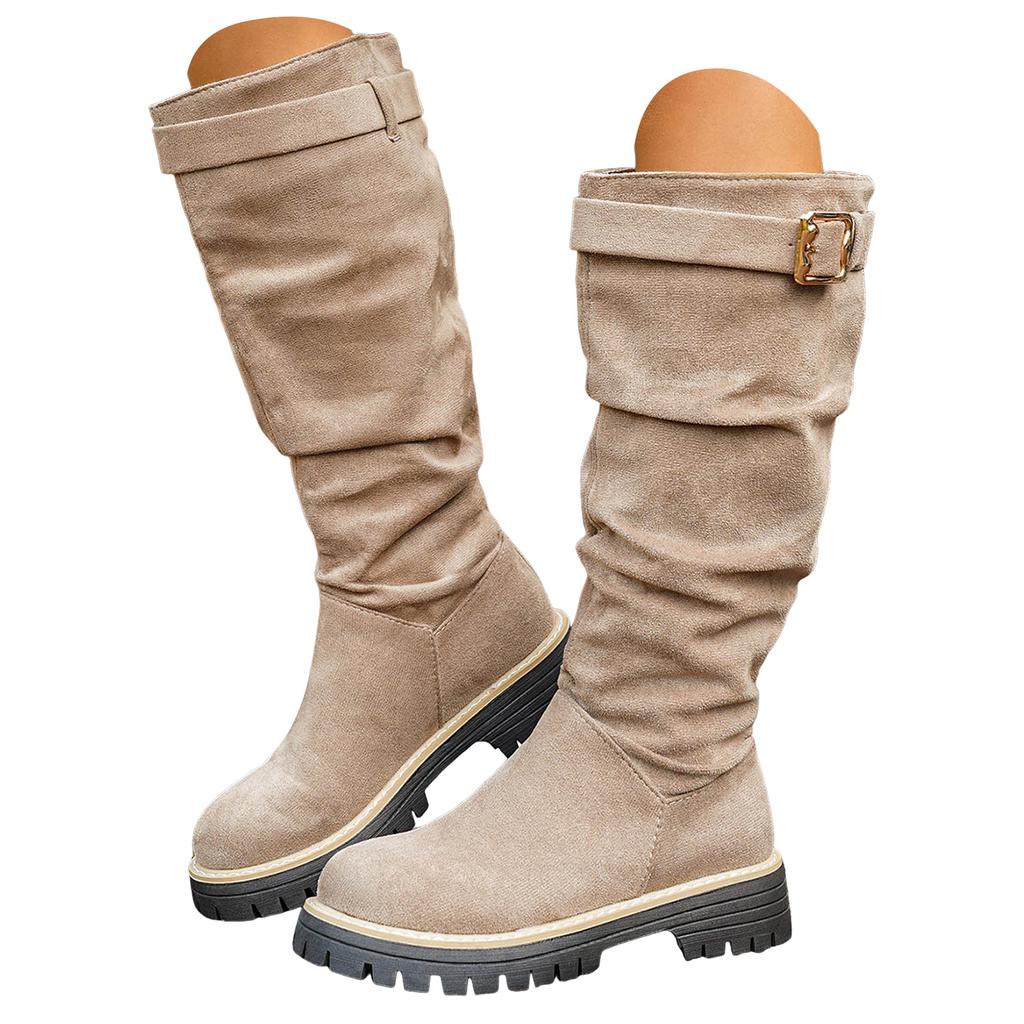 Женские ботинки на плоской подошве с круглым носком Большого размера Круглый носок Однотонные Замшевые Квадратный каблук Ретро Высокие до колена Женские Сексуальные Высокие до бедра