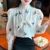 Мода 2024 осень длинный рукав бант воротник вышивка абрикосовый шифон блузка рубашка женские топы блузки рубашки J526