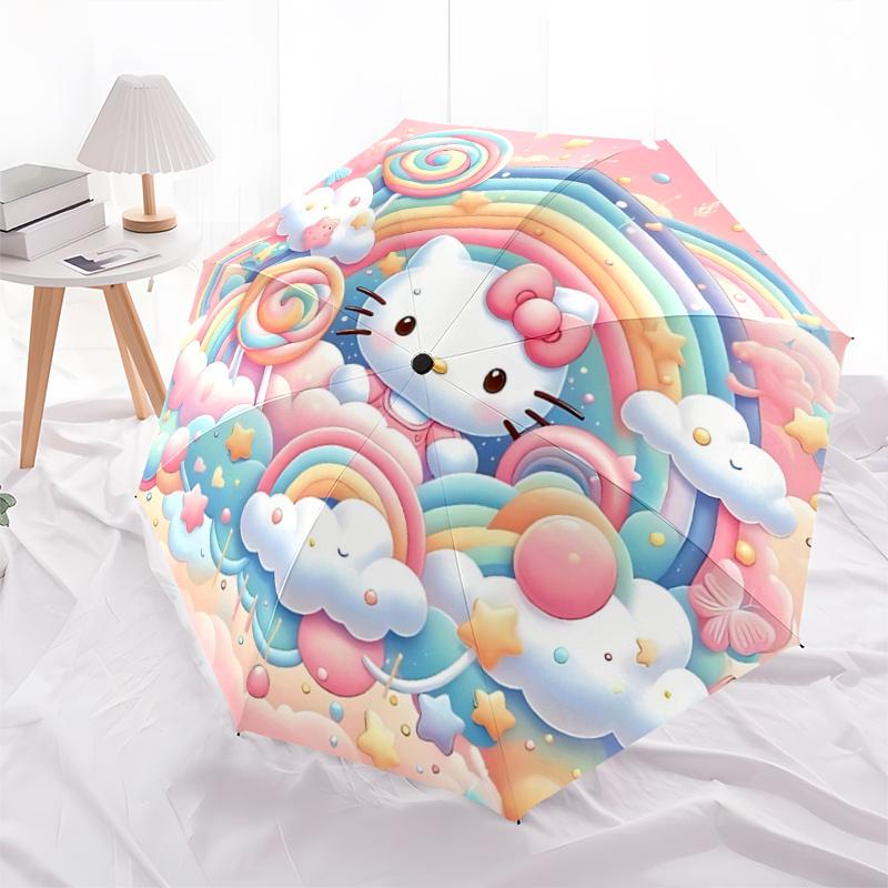 1pc Hello Kitty Clouds Automatic Opening Folding Umbrella - Portable 3-Fold Design with Iron Frame, Perfect for Outdoor Use, Festive Gifts, Fans, Trav