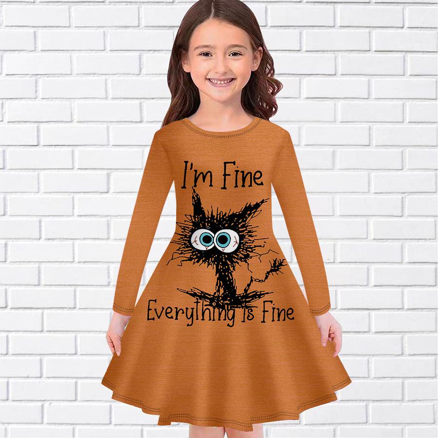 Повседневное платье для девочек с принтом «Глупый кот» и круглым вырезом, длинными рукавами, детское платье принцессы