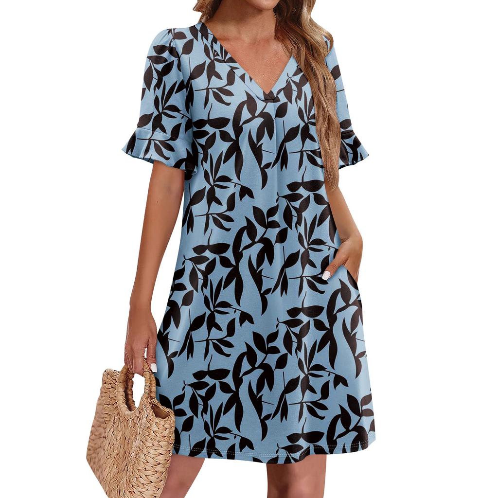 Летние платья для женщин с V-образным вырезом, оборками и коротким рукавом, повседневное свободное платье с принтом, пляжное платье с карманами