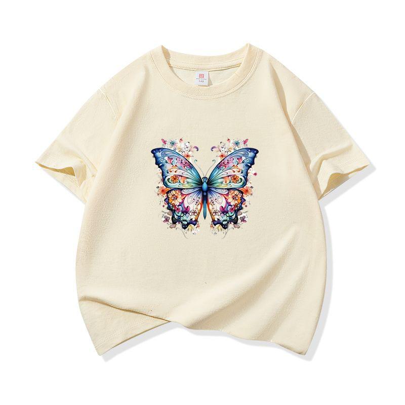 Kids Cotton T Shirt Blue Colorful Floral Butterfly Print Crew Neck Short Sleeve Tee Casual Boys Girls Summer Tops