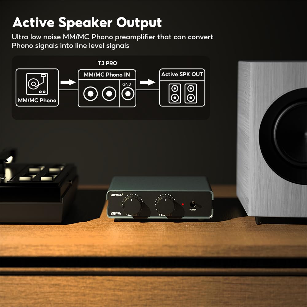 AIYIMA T3 PRO RIAA Phono Preamp for HiFi Professional Phonograph Preamp with 39dB Gain Volume Adjustment AC Power Adapter MM/MC Turntable/Record