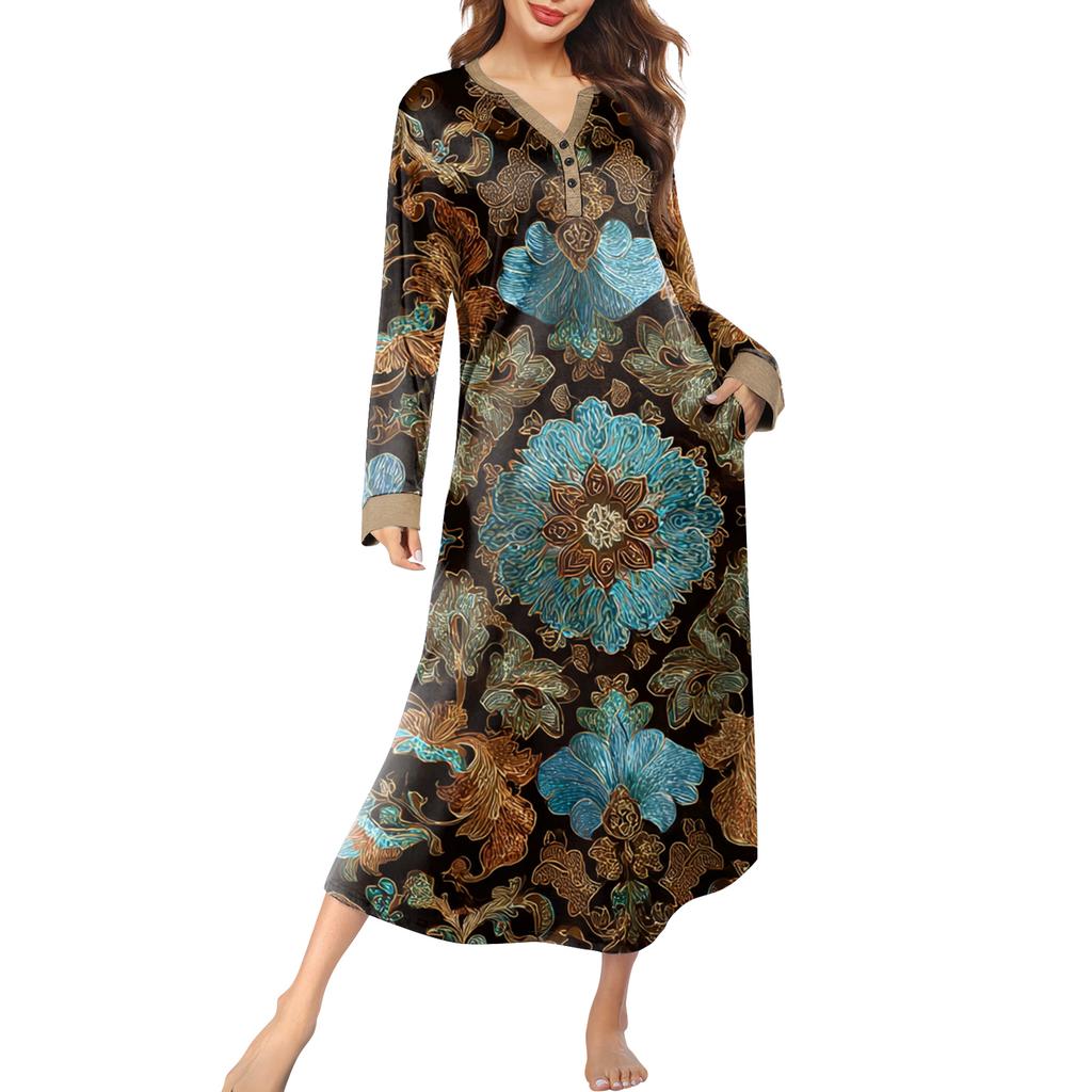 Женская ночная сорочка длинная домашняя одежда с V-образным вырезом и карманами