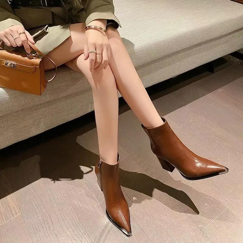 Распродажа женской обуви 2024 года, модные женские ботинки на молнии, зимние, с острым носком, однотонные, короткие, на толстом каблуке, ботинки Botas De Mujer