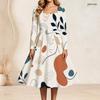 Women Plus Size Square Neck Long Sleeve Printed Tie Waist A Line Flared Dress