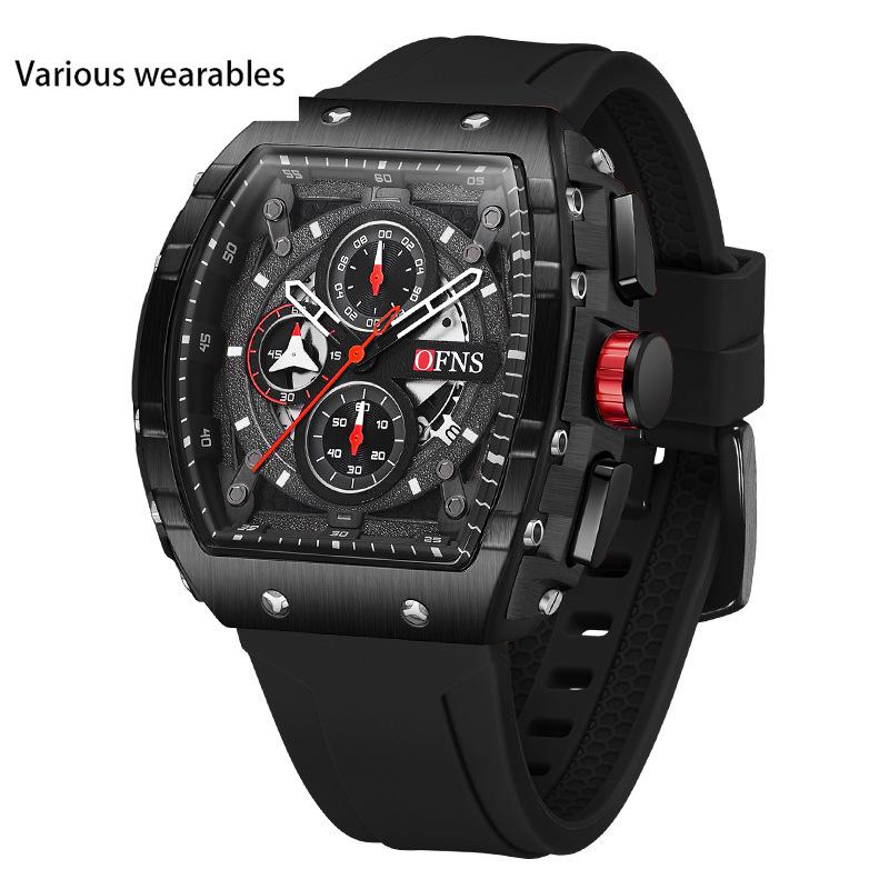 Outdoor Style Wine Barrel Men's Watch Curved Mirror Gradient Hollow Men's Watch Three Eyes and Six Hands Watch