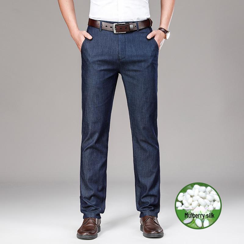 Мужские летние легкие джинсы Ice Silk с высокой талией — свободные, эластичные, ультратонкие, прямого кроя