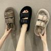 Double Belt Buckle Plush Slippers Women's Autumn Winter Furry Fashion Slippers Home Platform Slippers Outdoor Plush Shoes